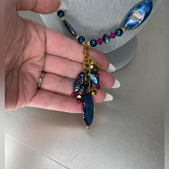 Statement Necklace Beaded Pendants Blue Purple Swirl Matching Earrings Bracelet - Picture 3 of 9